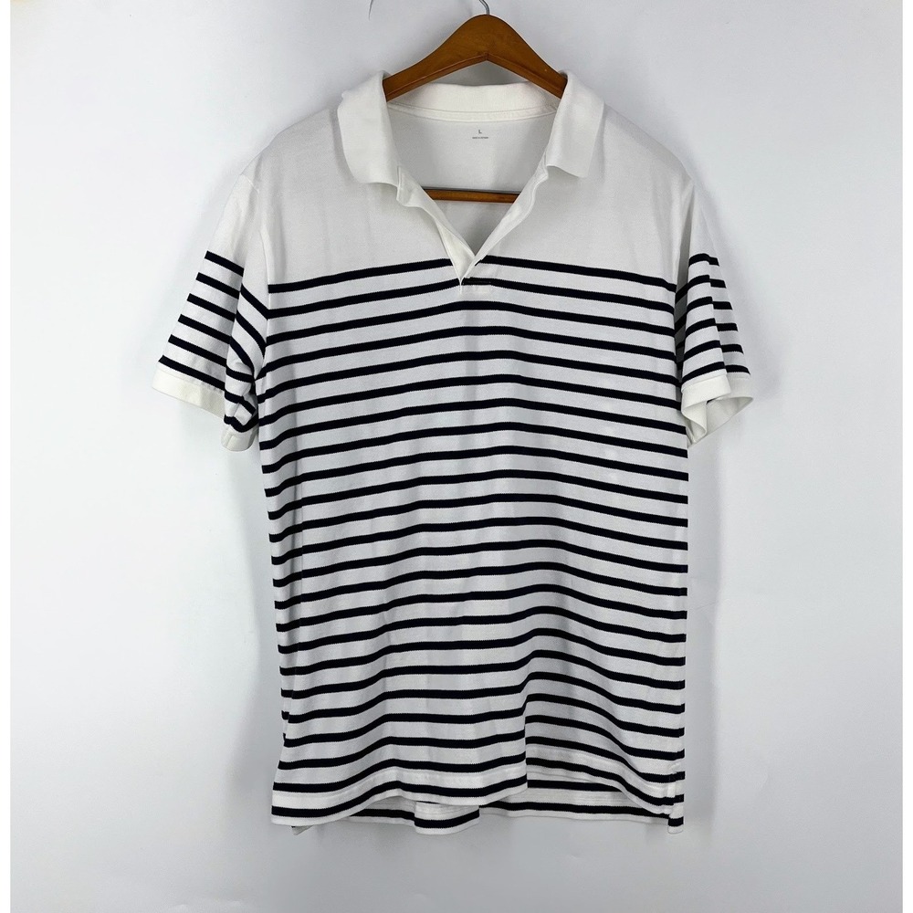 Muji White Navy Blue Striped Short Sleeve Polo Shirt Pique Knit Size L